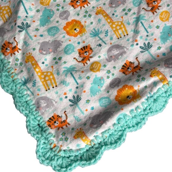 Handmade Baby Receiving Blanket Booties Set Safari Animals Crochet Border - Picture 4 of 7